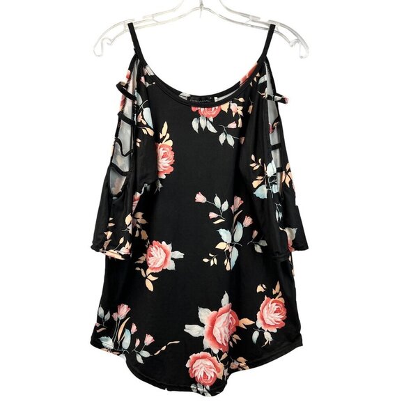 Dreagal Women’s Caged Short Sleeve Scoop Neck Blouse Black/Multi Floral Small - Picture 1 of 9
